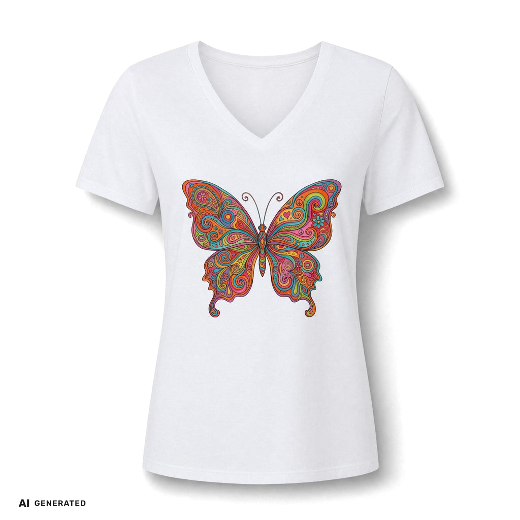 Butterfly Paisley V-Neck Tee – Buntes Boho Damen-Shirt | musikworlds Artist Collection – AI GENERATED / KI-GENERIERT