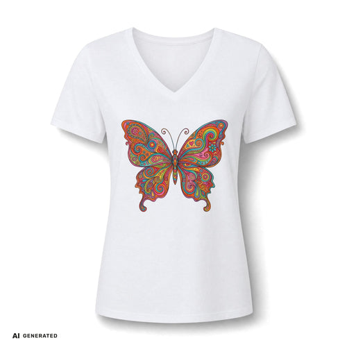 Butterfly Paisley V-Neck Tee – Buntes Boho Damen-Shirt | musikworlds Artist Collection – AI GENERATED / KI-GENERIERT