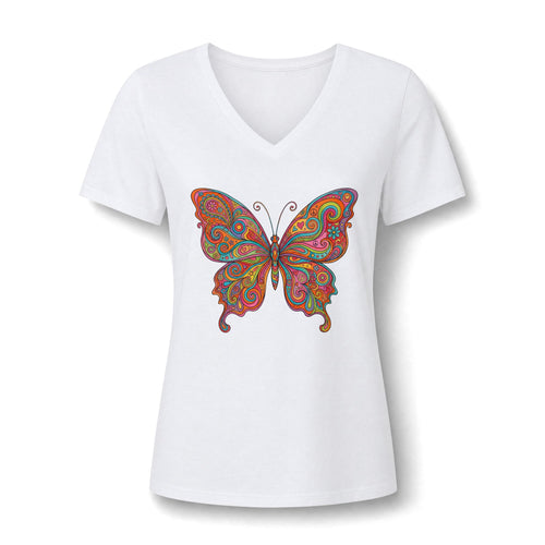 Butterfly Paisley V-Neck Tee – Buntes Boho Damen-Shirt | musikworlds Artist Collection