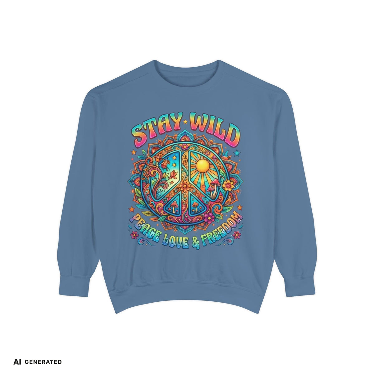 Stay Wild Peace Sign Sweatshirt – Retro Hippie Crewneck | musikworlds Artist Collection – AI GENERATED / KI-GENERIERT