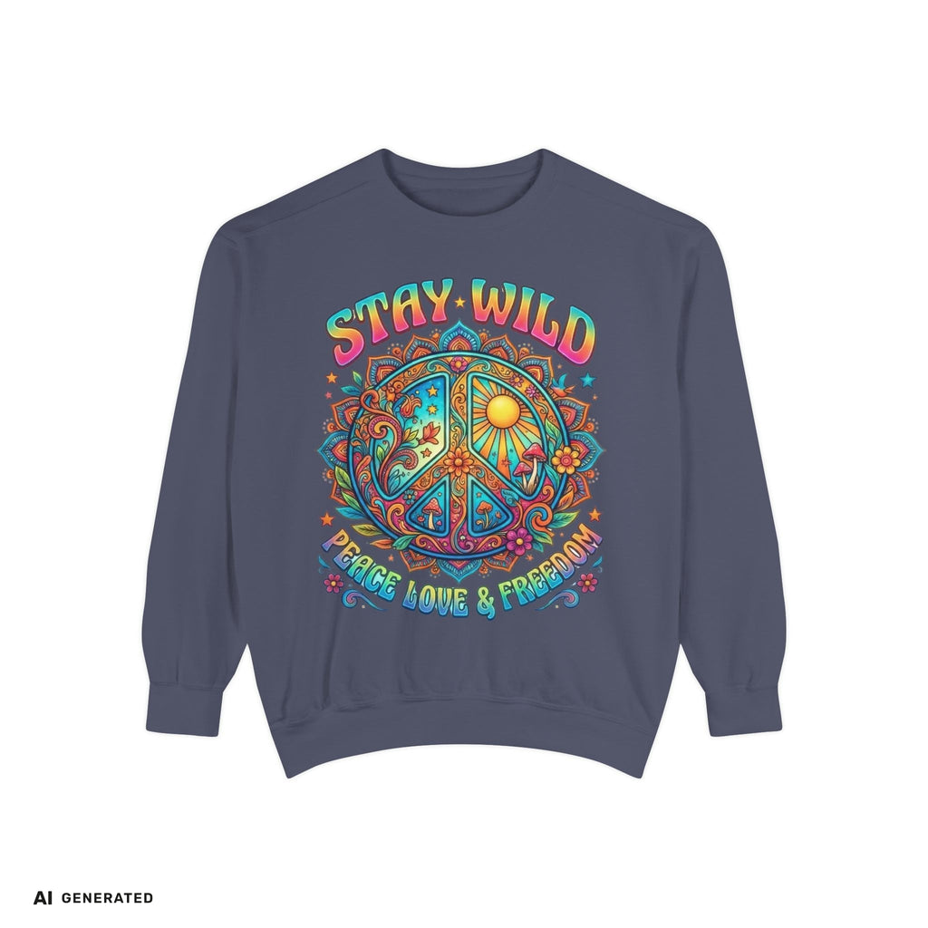 Stay Wild Peace Sign Sweatshirt – Retro Hippie Crewneck | musikworlds Artist Collection – AI GENERATED / KI-GENERIERT