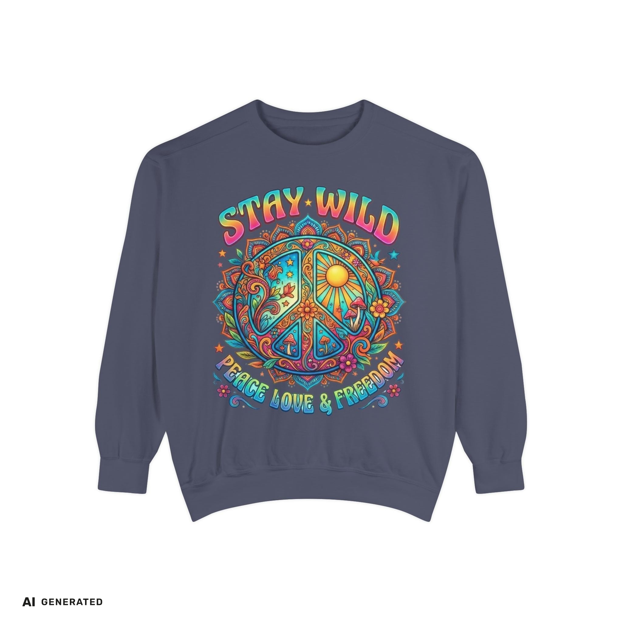 Stay Wild Peace Sign Sweatshirt – Retro Hippie Crewneck | musikworlds Artist Collection – AI GENERATED / KI-GENERIERT