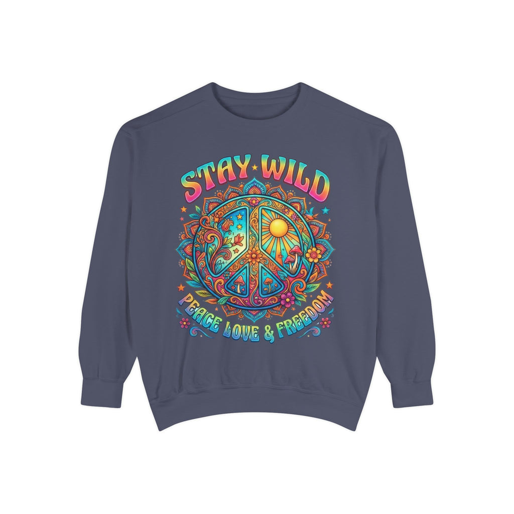 Stay Wild Peace Sign Sweatshirt — Retro Hippie Peace, Love & Freedom Crewneck