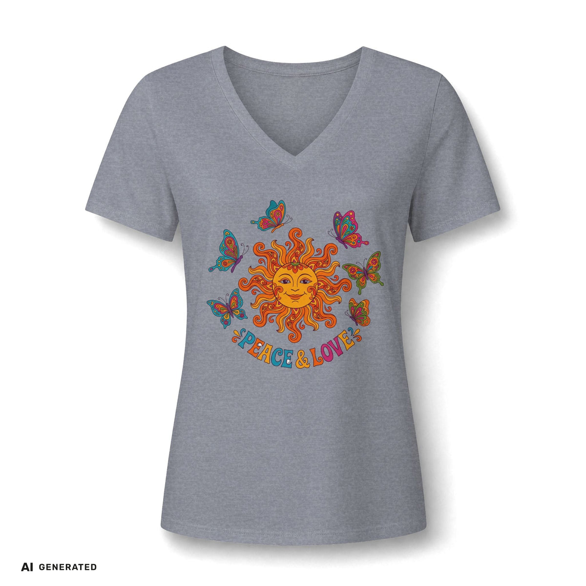 Peace & Love Sunflower Tee – Retro Boho V-Neck Damen | musikworlds Artist Collection – AI GENERATED / KI-GENERIERT