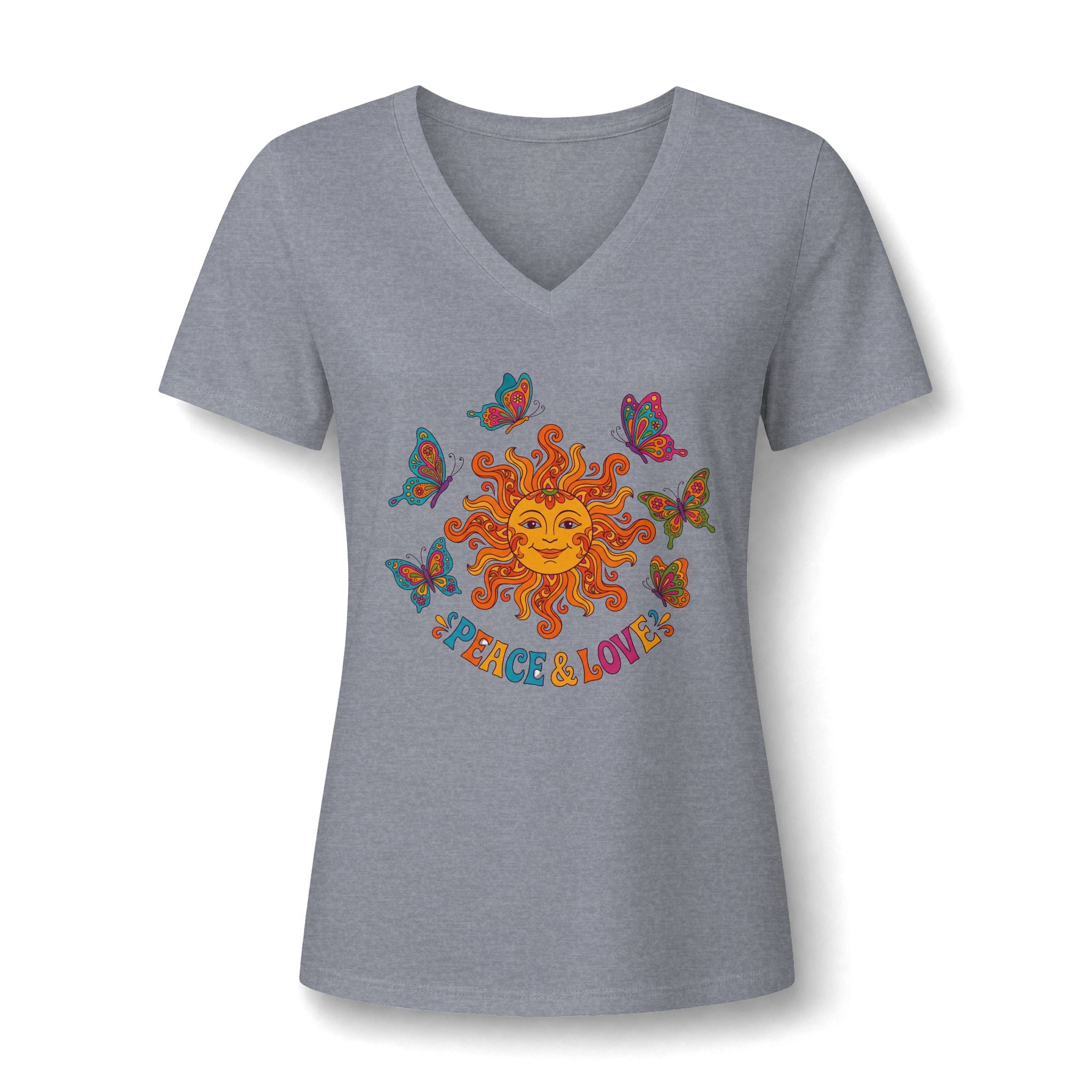 Peace & Love Sunflower Tee – Retro Boho V-Neck Damen | musikworlds Artist Collection