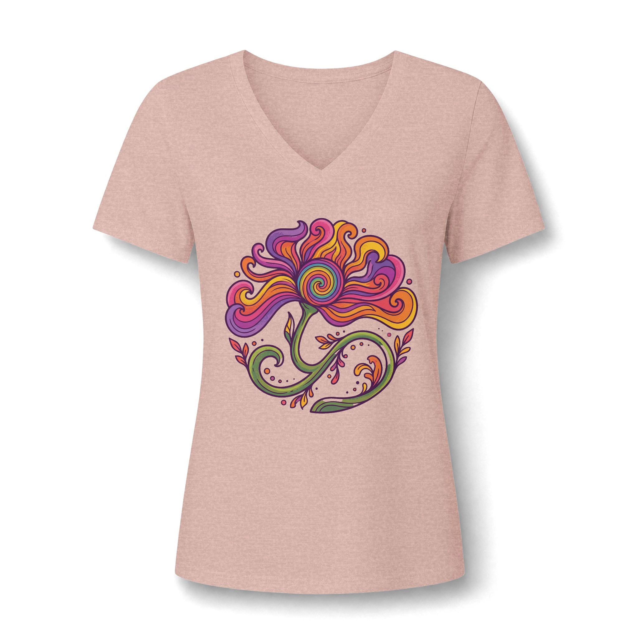 Floral Swirl V-Neck Tee – Boho Blumen Graphic Tee Damen | musikworlds Artist Collection