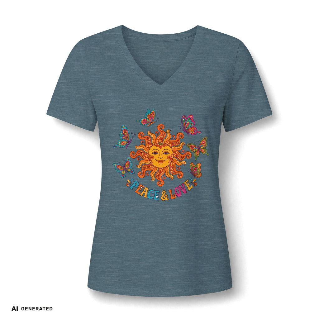 Peace & Love Sunflower Tee – Retro Boho V-Neck Damen | musikworlds Artist Collection – AI GENERATED / KI-GENERIERT