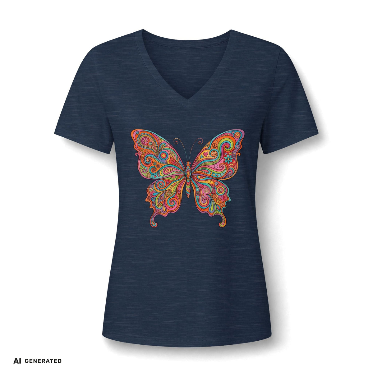 Butterfly Paisley V-Neck Tee – Buntes Boho Damen-Shirt | musikworlds Artist Collection – AI GENERATED / KI-GENERIERT