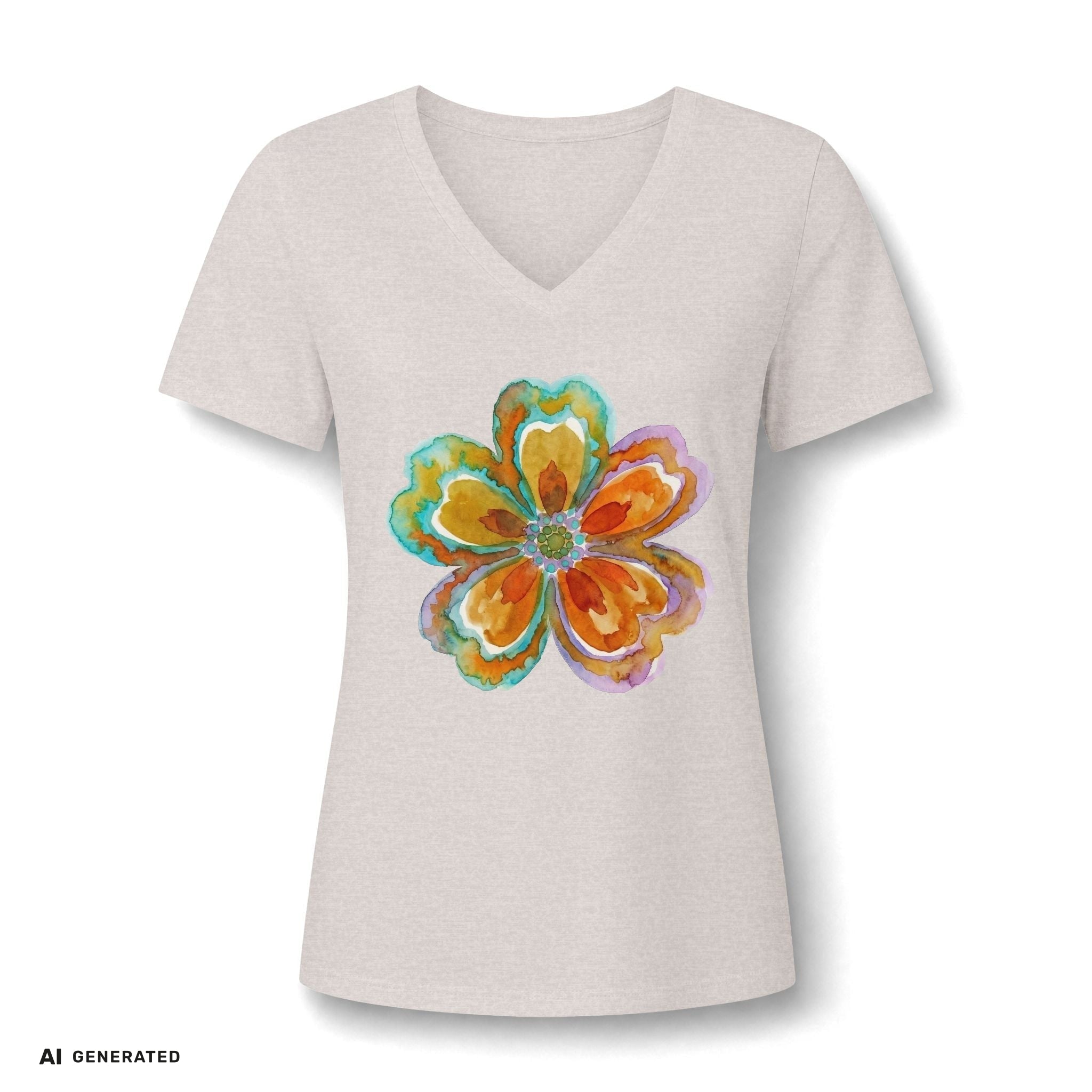 Damen V-Neck Watercolor Floral Bloom – Orange & Türkis Shirt | musikworlds Artist Collection – AI GENERATED / KI-GENERIERT