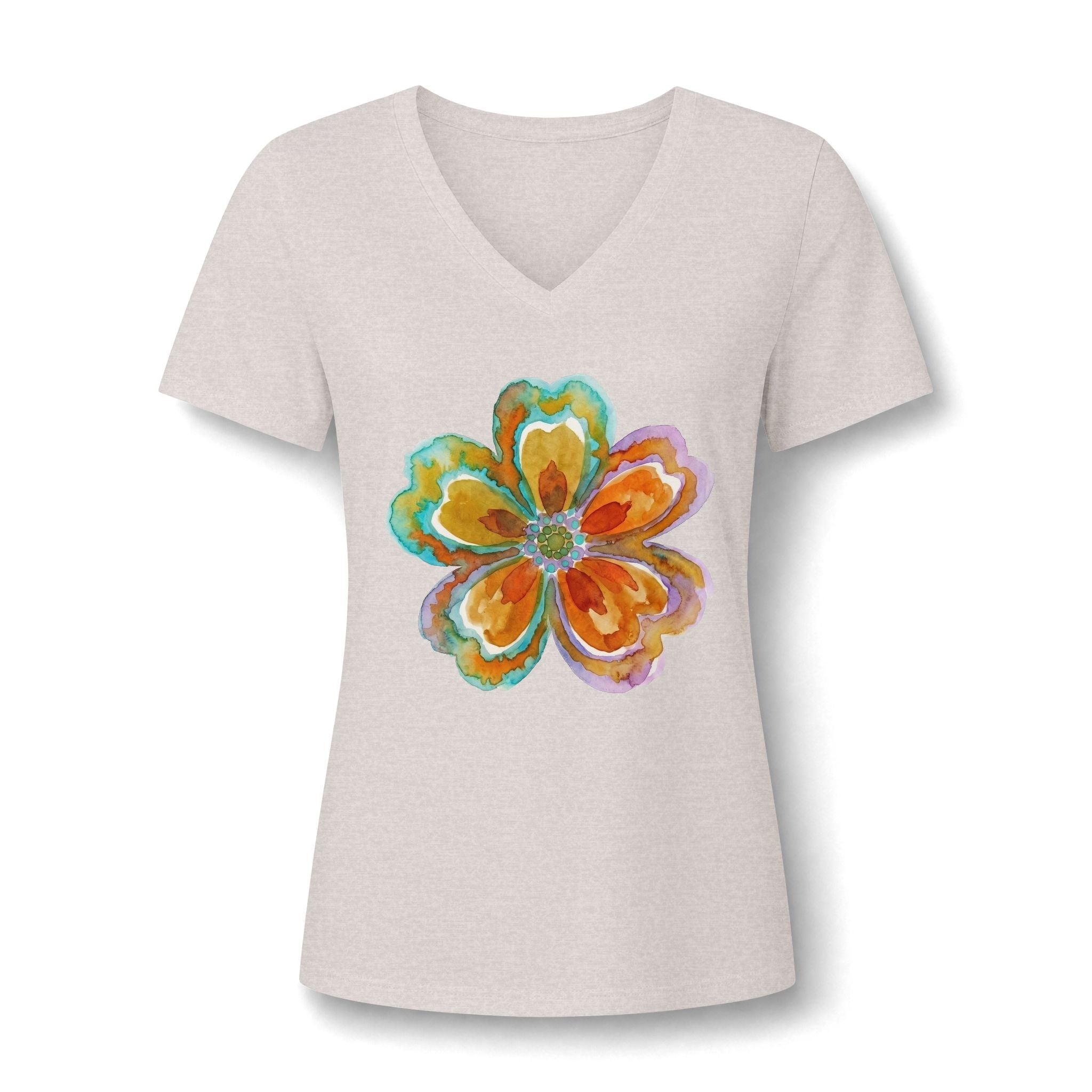 Damen V-Neck Watercolor Floral Bloom – Orange & Türkis Shirt | musikworlds Artist Collection