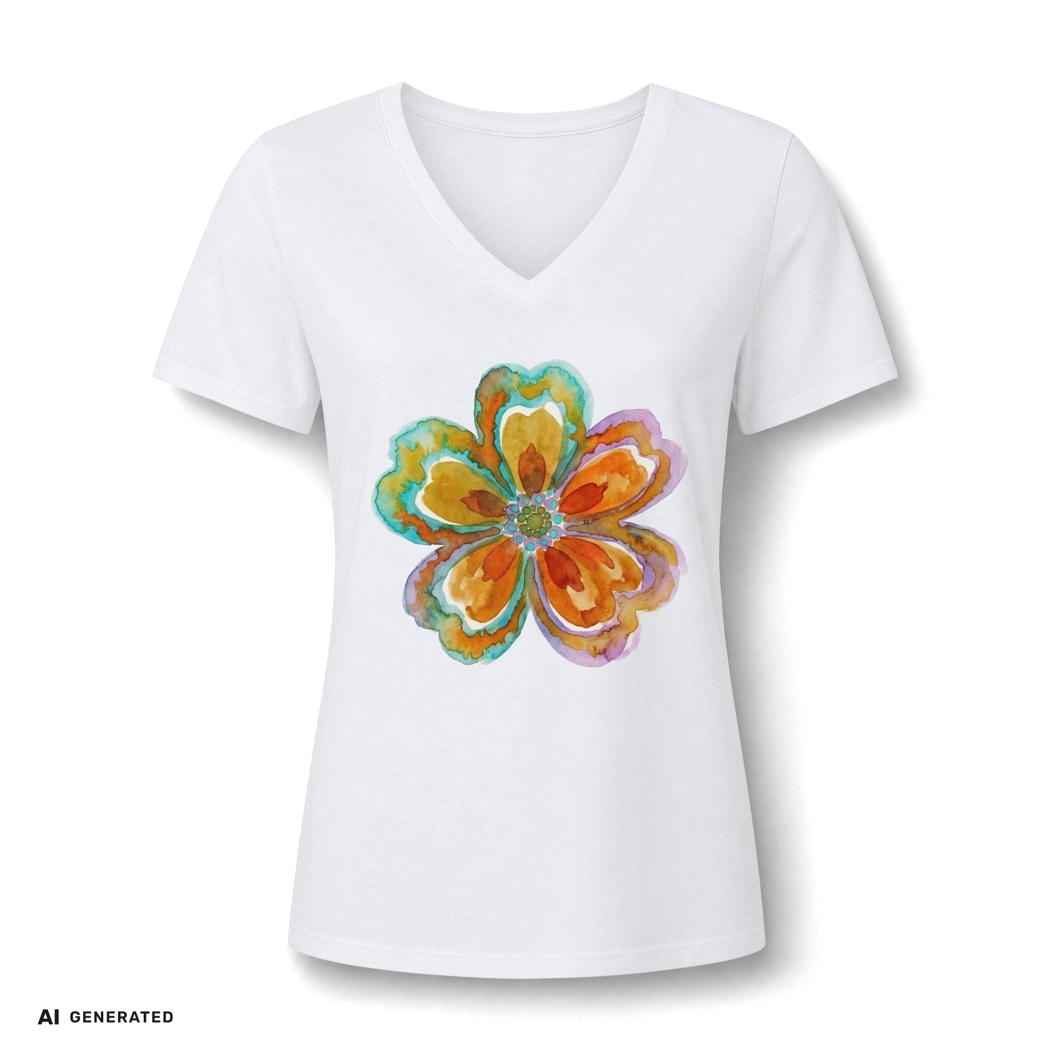 Damen V-Neck Watercolor Floral Bloom – Orange & Türkis Shirt | musikworlds Artist Collection – AI GENERATED / KI-GENERIERT
