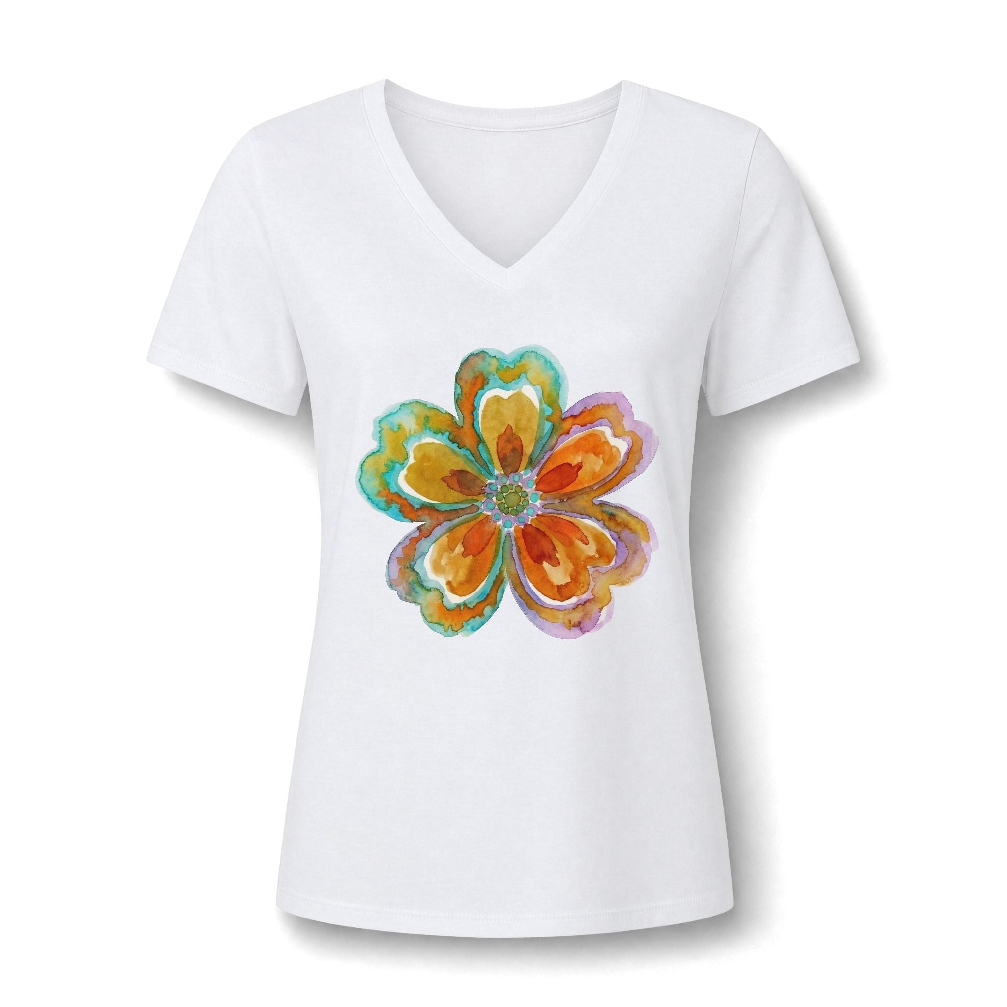 Damen V-Neck Watercolor Floral Bloom – Orange & Türkis Shirt | musikworlds Artist Collection