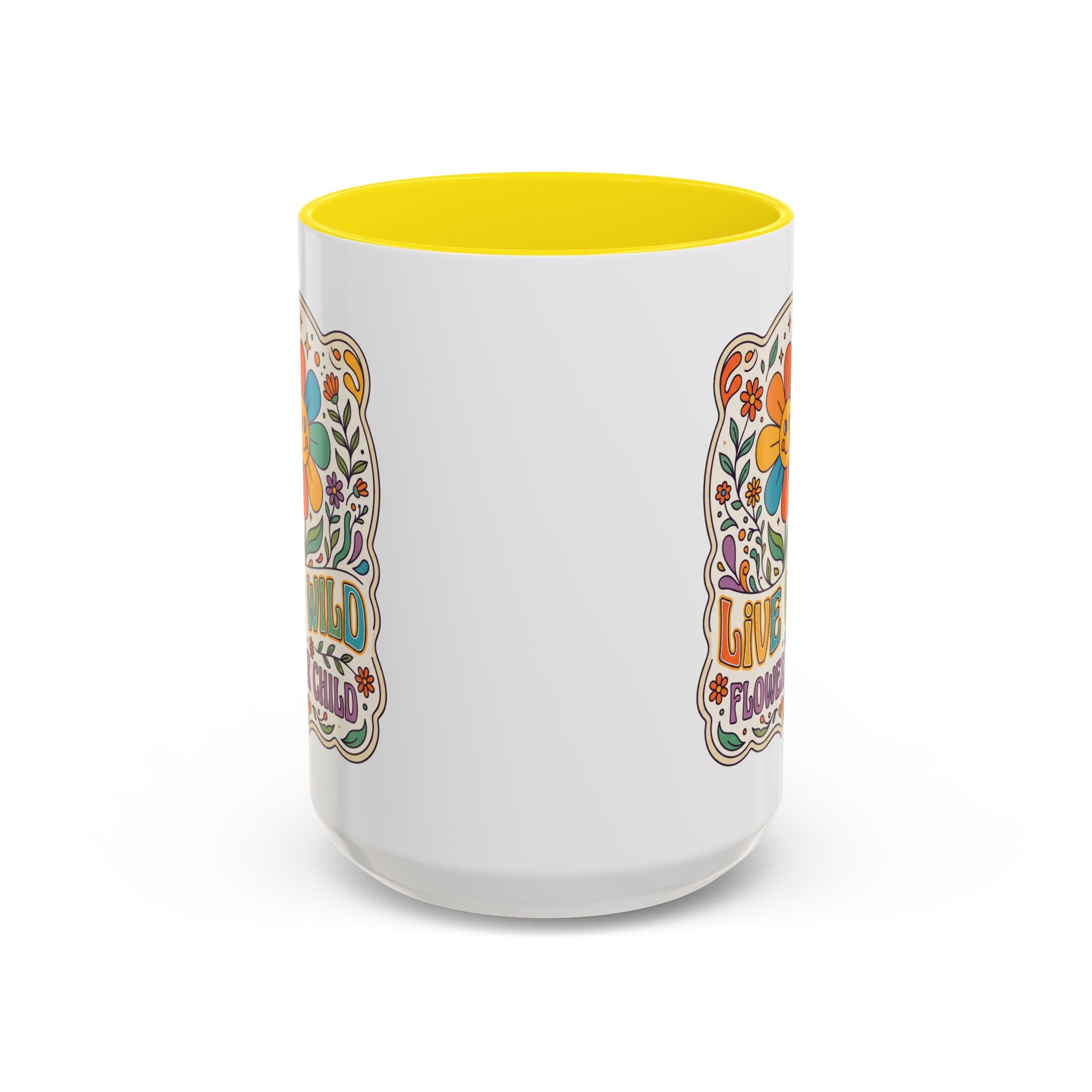 Live Wild Flower Child Coffee Mug – Retro Floral Smiley Design (11/15oz)