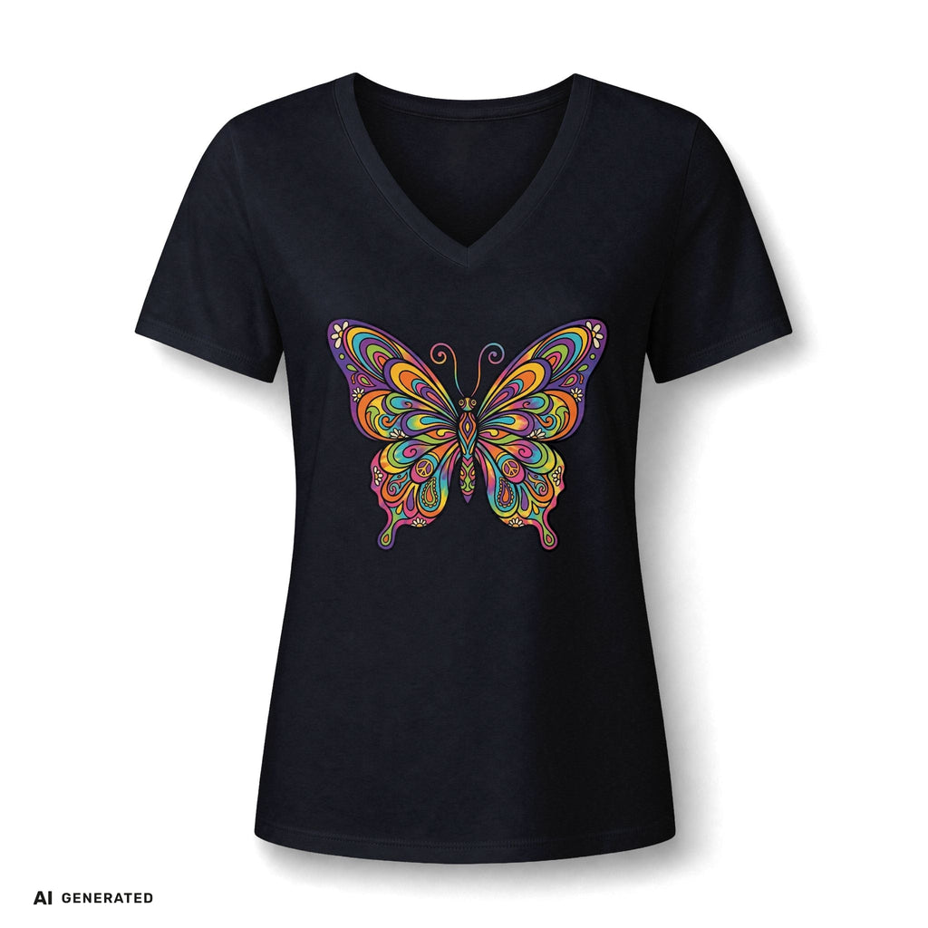 Damen V-Neck Butterfly Tee – Buntes Boho Schmetterlings-Shirt | musikworlds Artist Collection – AI GENERATED / KI-GENERIERT