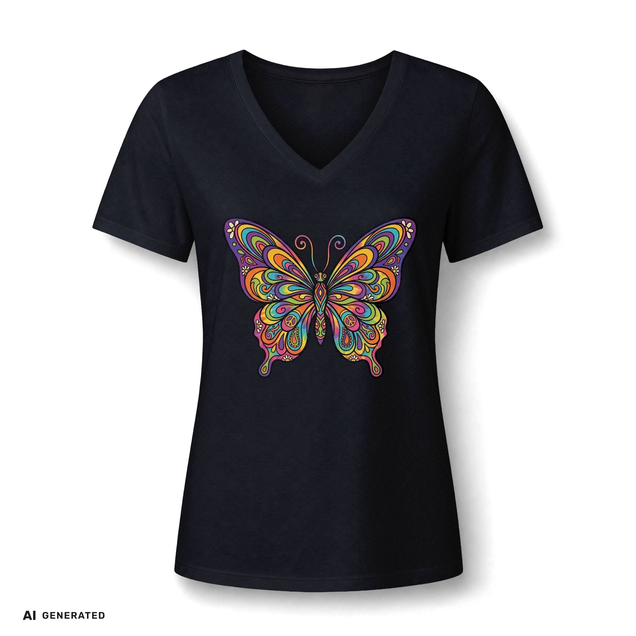 Damen V-Neck Butterfly Tee – Buntes Boho Schmetterlings-Shirt | musikworlds Artist Collection – AI GENERATED / KI-GENERIERT