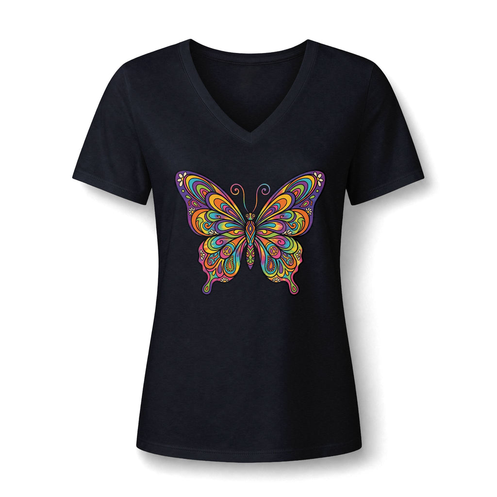 Damen V-Neck Butterfly Tee – Buntes Boho Schmetterlings-Shirt | musikworlds Artist Collection