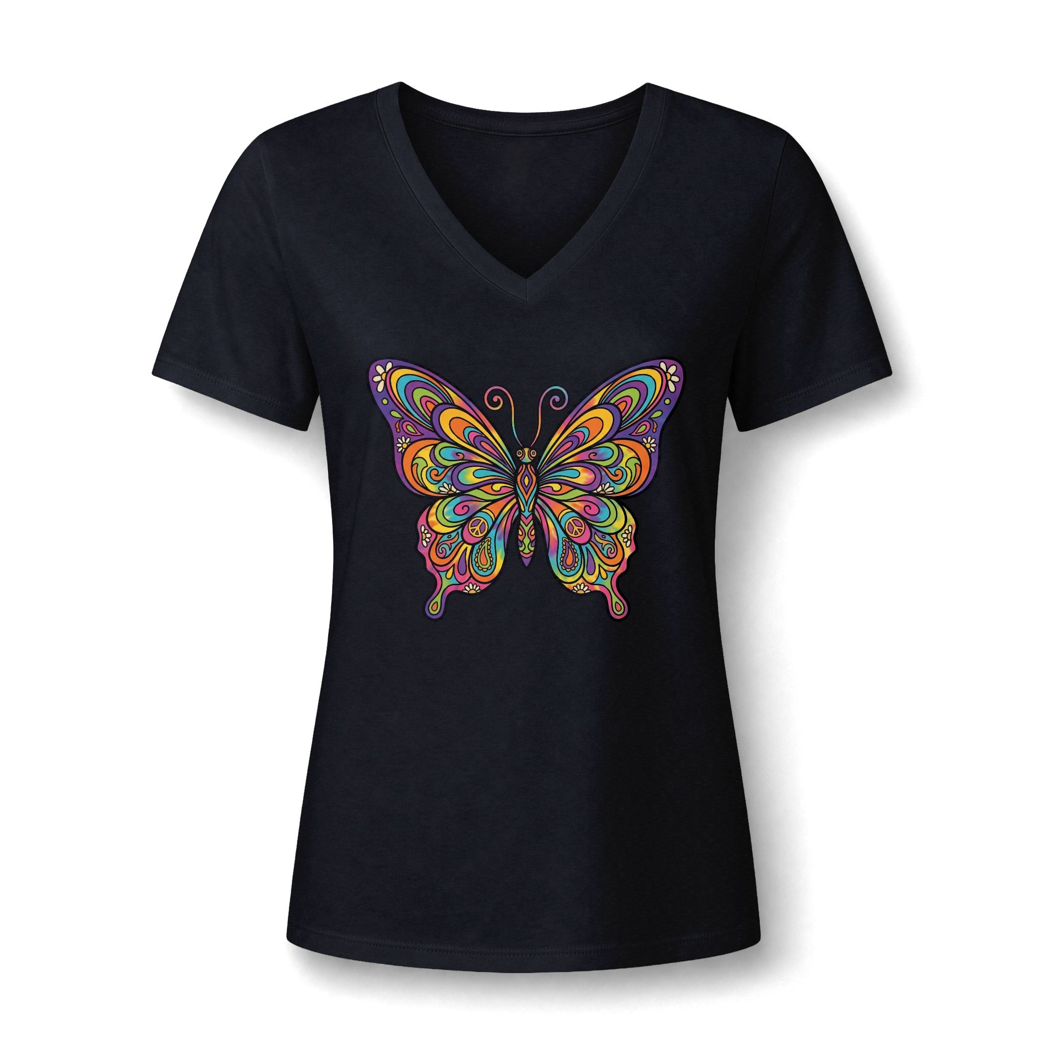 Damen V-Neck Butterfly Tee – Buntes Boho Schmetterlings-Shirt | musikworlds Artist Collection