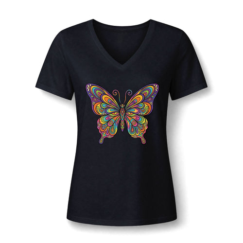 Damen V-Neck Butterfly Tee – Buntes Boho Schmetterlings-Shirt | musikworlds Artist Collection