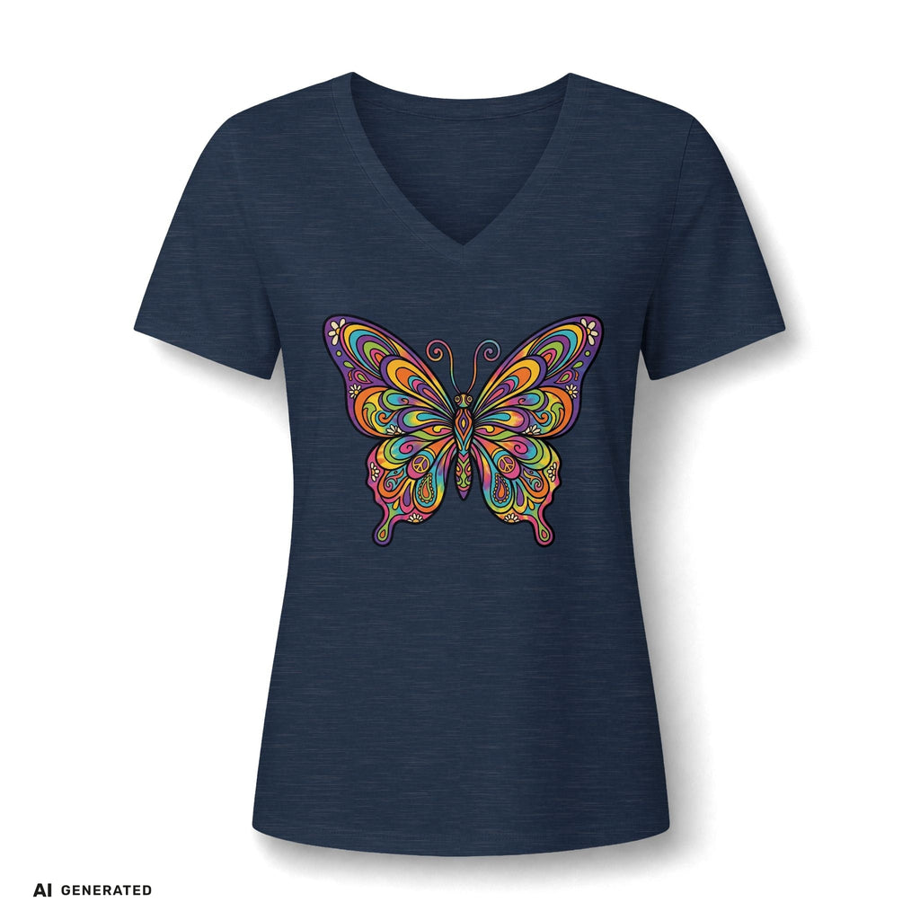 Damen V-Neck Butterfly Tee – Buntes Boho Schmetterlings-Shirt | musikworlds Artist Collection – AI GENERATED / KI-GENERIERT