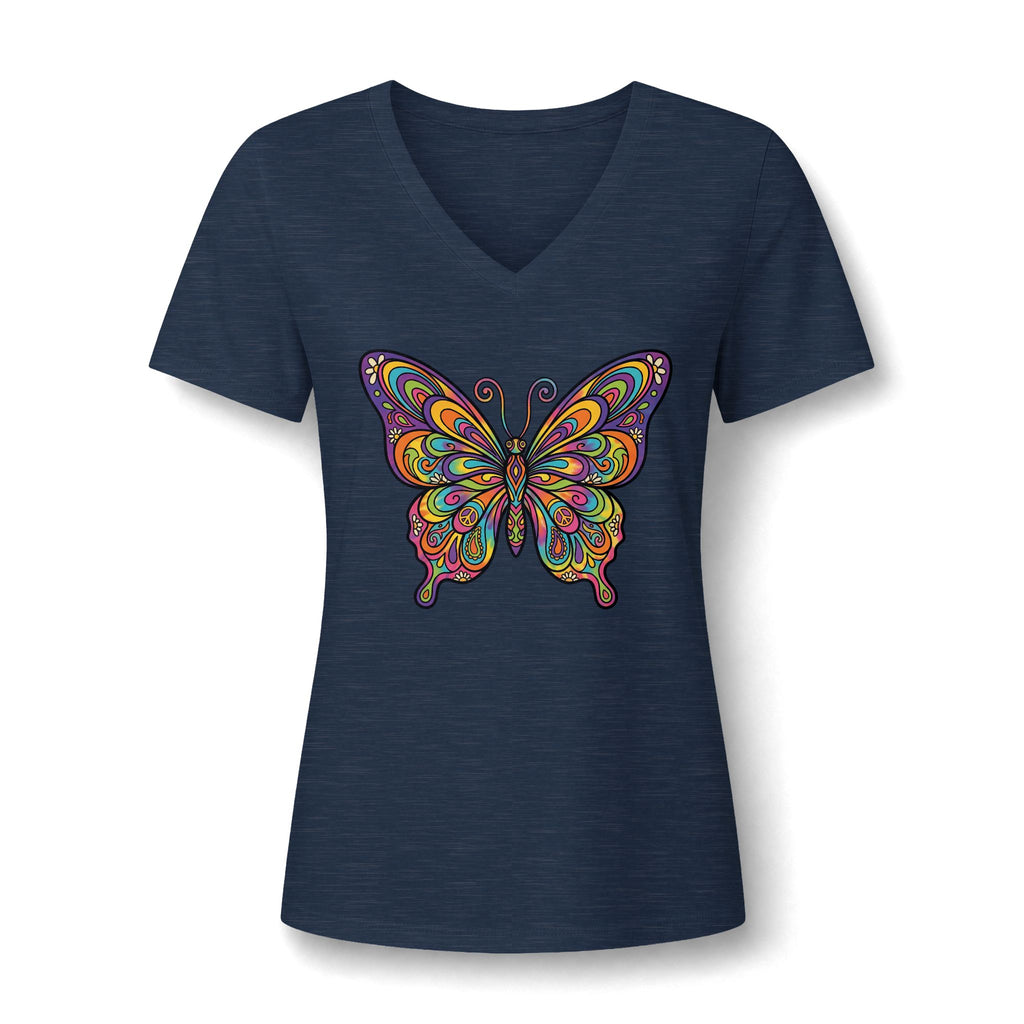 Damen V-Neck Butterfly Tee – Buntes Boho Schmetterlings-Shirt | musikworlds Artist Collection