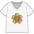 Women's V-Neck Tee with Watercolor Floral Bloom — Bright Orange & Turquoise Flower