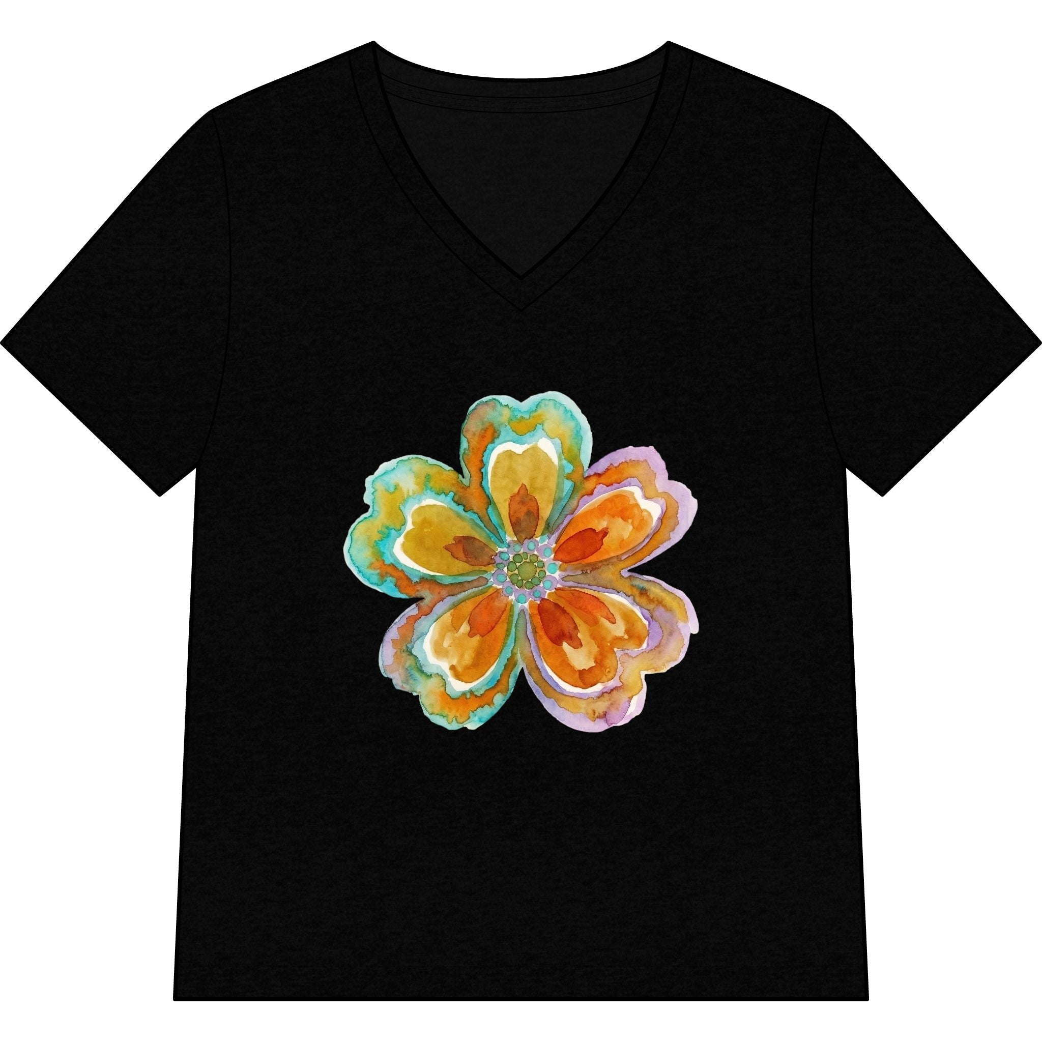 Women's V-Neck Tee with Watercolor Floral Bloom — Bright Orange & Turquoise Flower