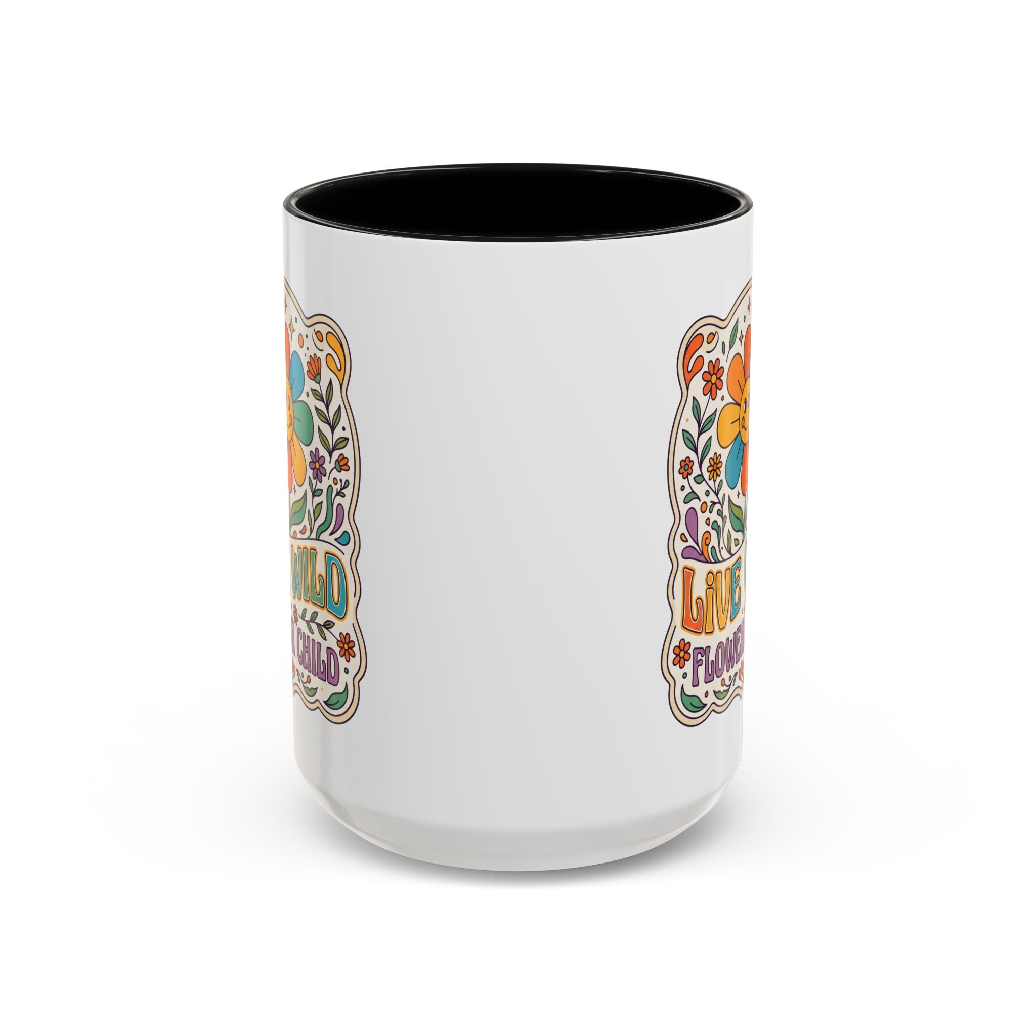 Live Wild Flower Child Coffee Mug – Retro Floral Smiley Design (11/15oz)