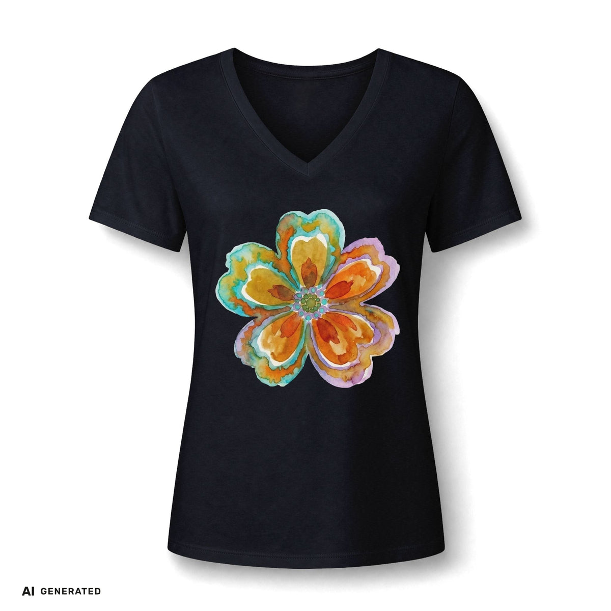 Damen V-Neck Watercolor Floral Bloom – Orange & Türkis Shirt | musikworlds Artist Collection – AI GENERATED / KI-GENERIERT