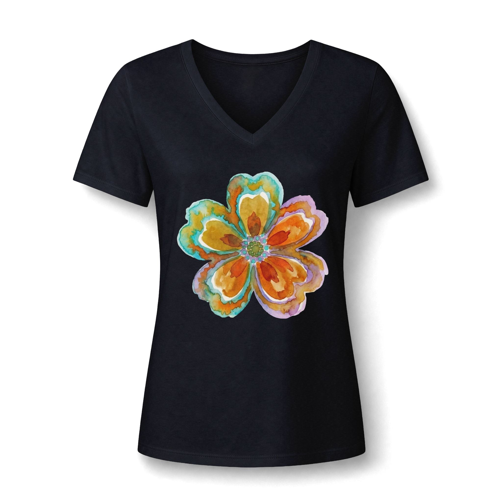 Damen V-Neck Watercolor Floral Bloom – Orange & Türkis Shirt | musikworlds Artist Collection