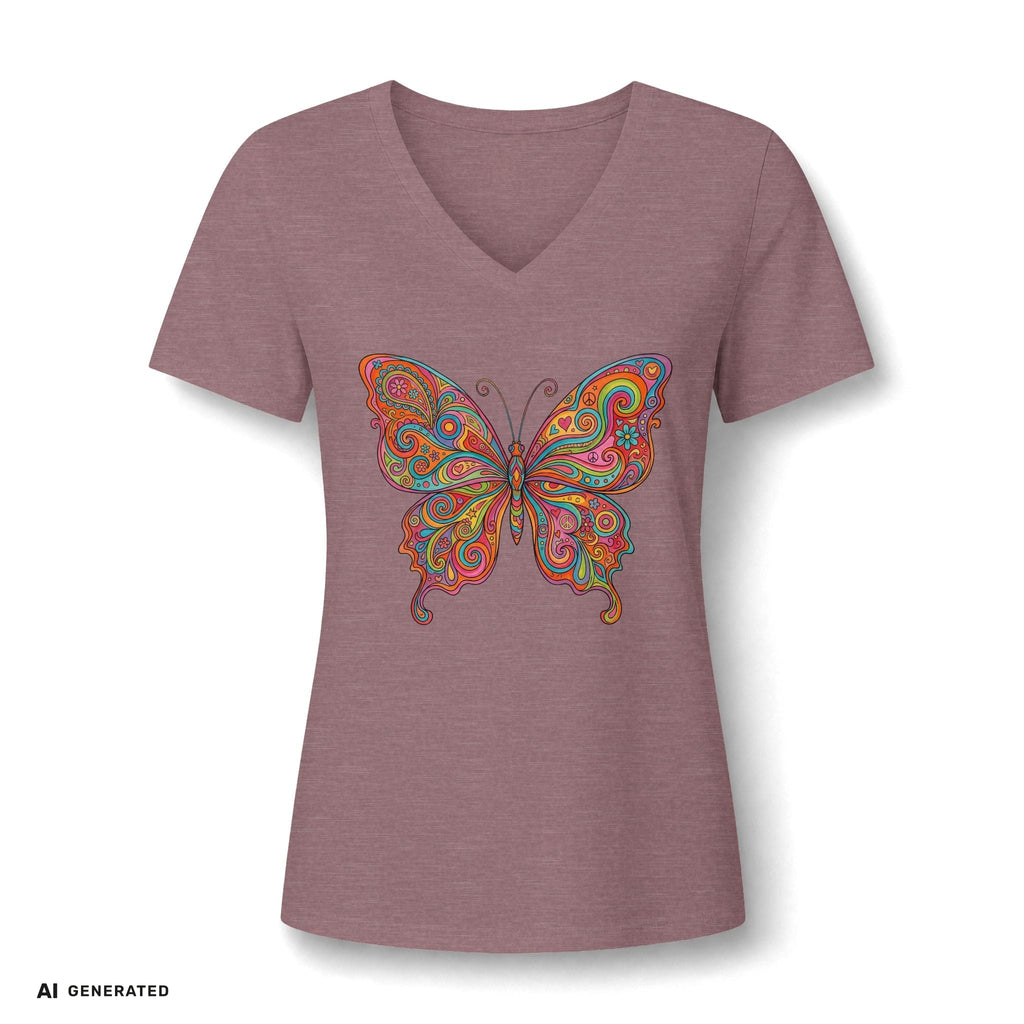Butterfly Paisley V-Neck Tee – Buntes Boho Damen-Shirt | musikworlds Artist Collection – AI GENERATED / KI-GENERIERT