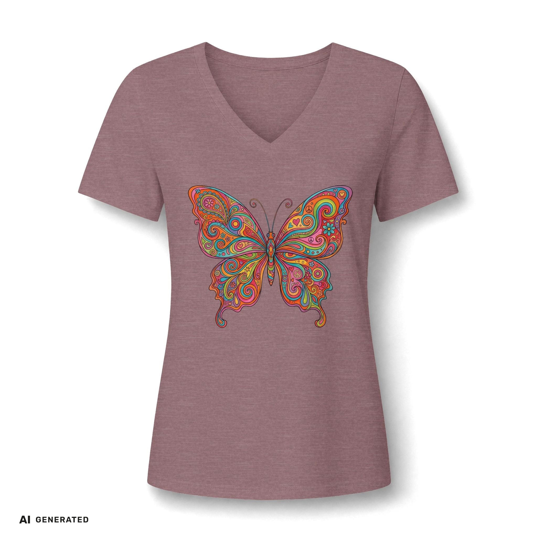 Butterfly Paisley V-Neck Tee – Buntes Boho Damen-Shirt | musikworlds Artist Collection – AI GENERATED / KI-GENERIERT