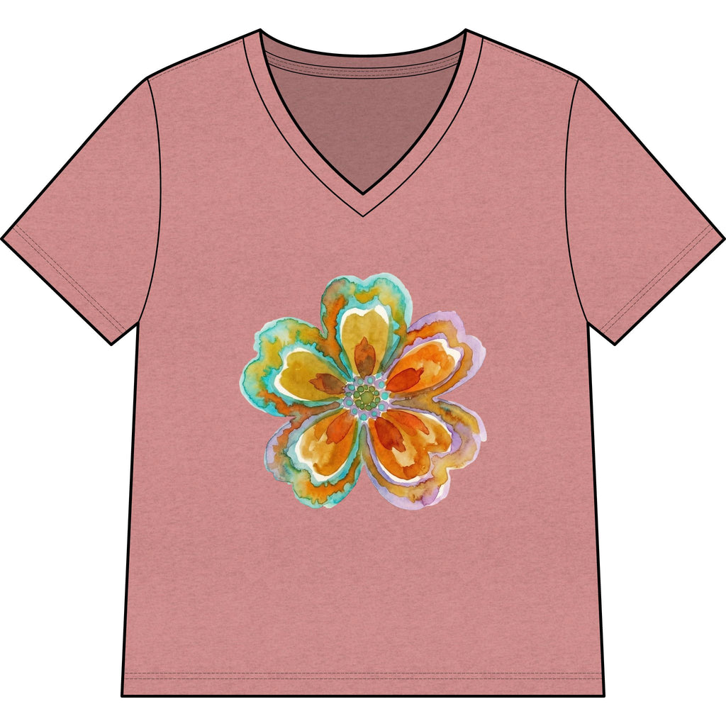 Women's V-Neck Tee with Watercolor Floral Bloom — Bright Orange & Turquoise Flower