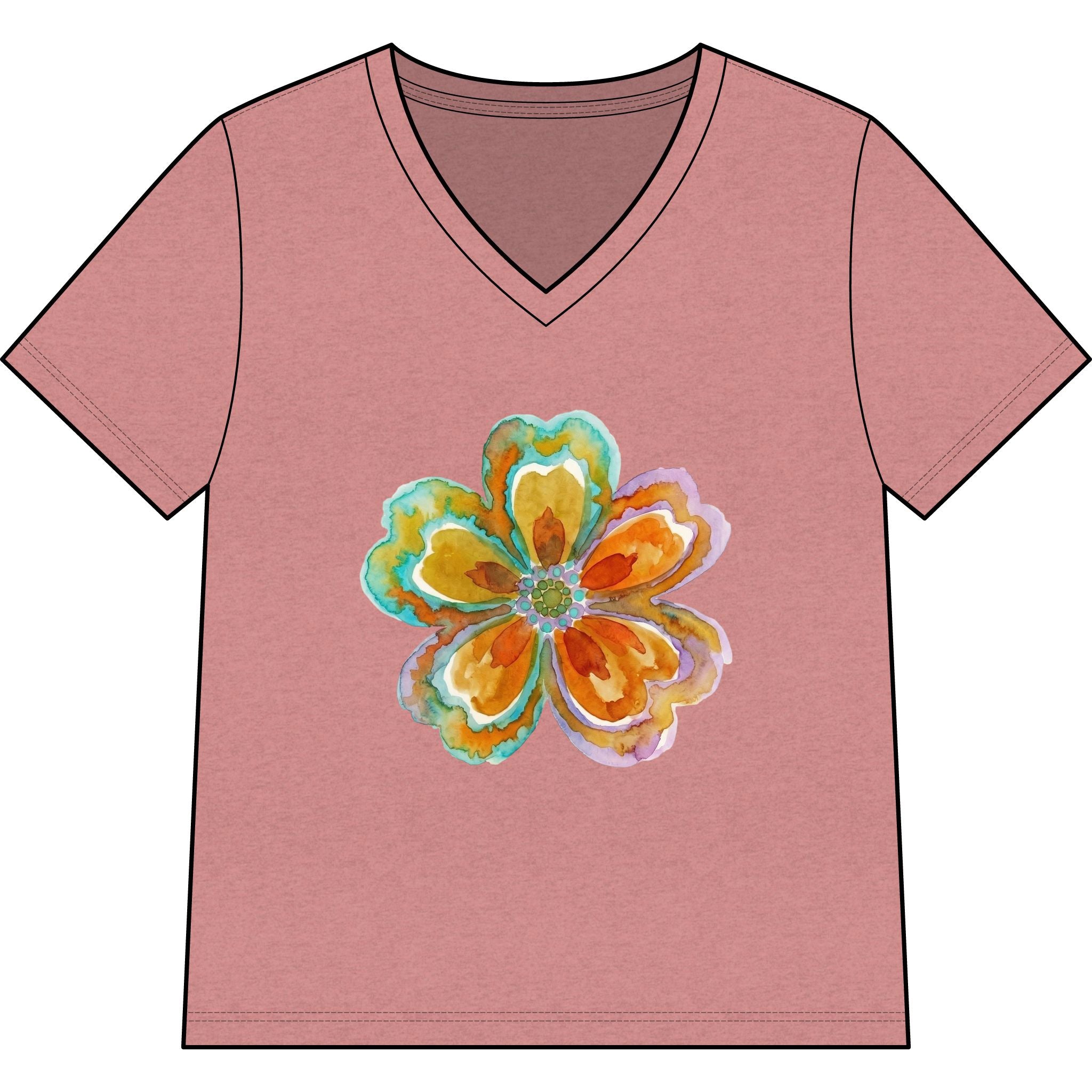 Women's V-Neck Tee with Watercolor Floral Bloom — Bright Orange & Turquoise Flower