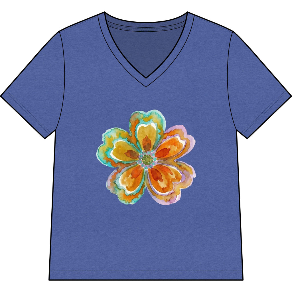 Women's V-Neck Tee with Watercolor Floral Bloom — Bright Orange & Turquoise Flower