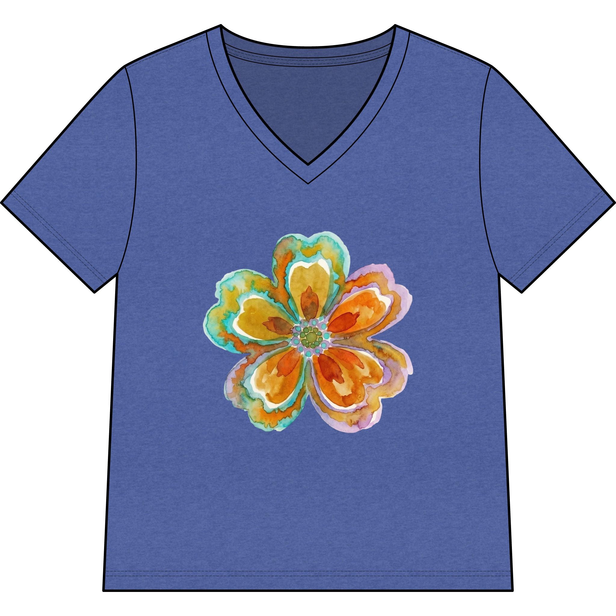 Women's V-Neck Tee with Watercolor Floral Bloom — Bright Orange & Turquoise Flower