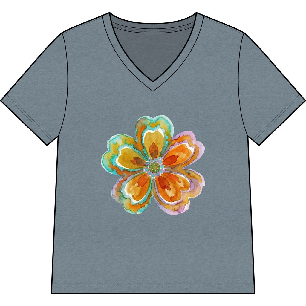 Women's V-Neck Tee with Watercolor Floral Bloom — Bright Orange & Turquoise Flower