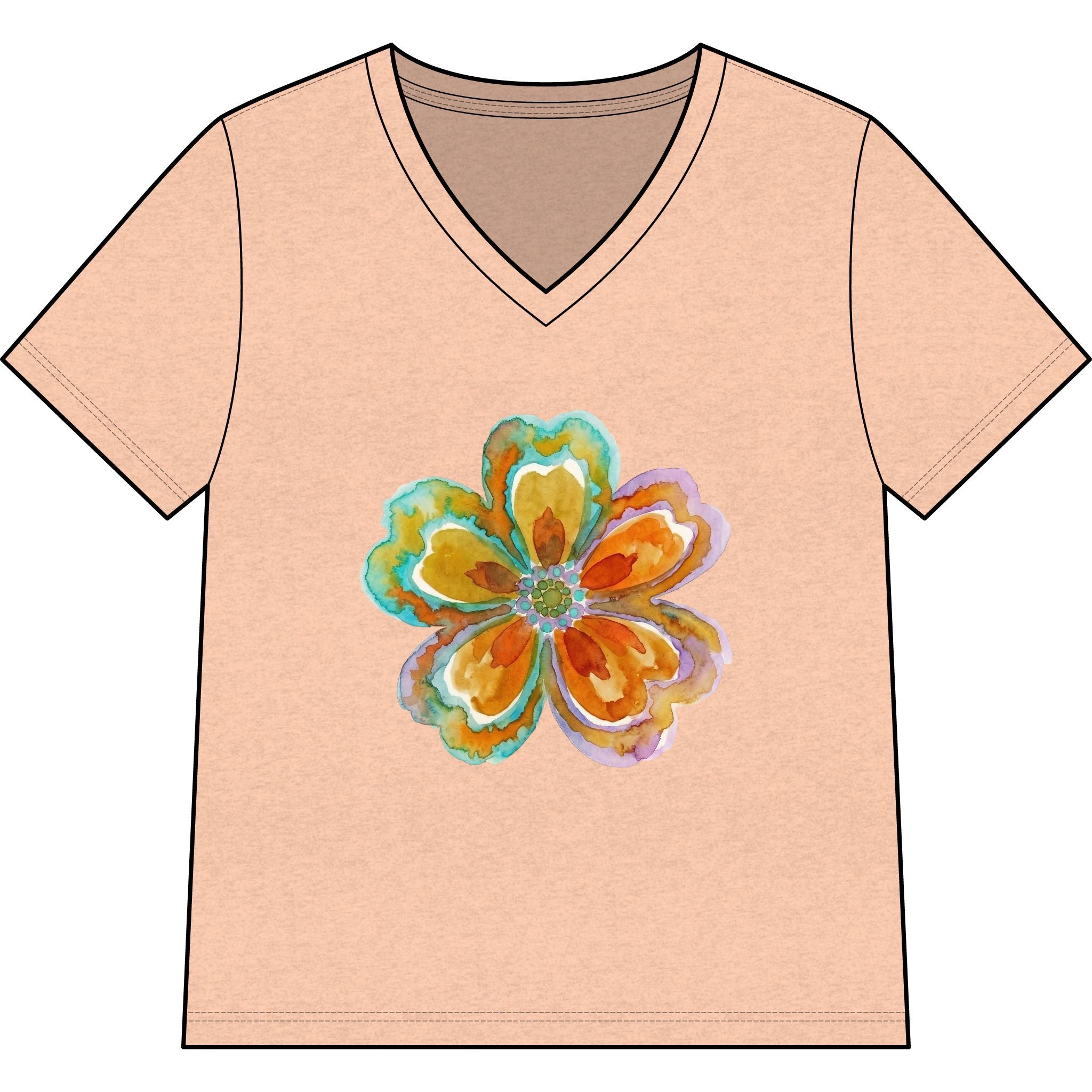 Women's V-Neck Tee with Watercolor Floral Bloom — Bright Orange & Turquoise Flower