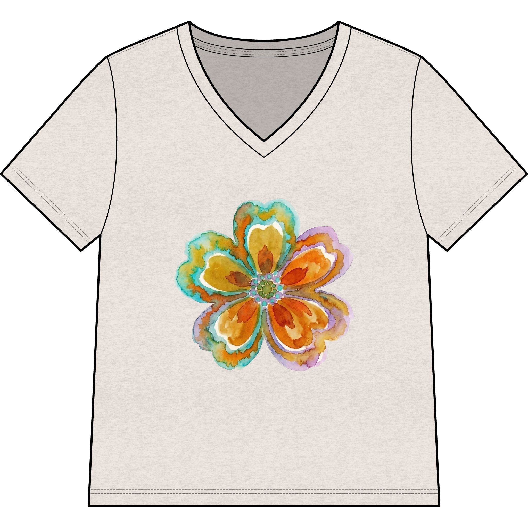 Women's V-Neck Tee with Watercolor Floral Bloom — Bright Orange & Turquoise Flower