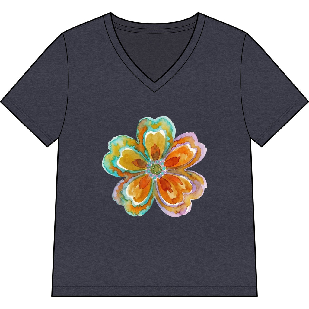 Women's V-Neck Tee with Watercolor Floral Bloom — Bright Orange & Turquoise Flower