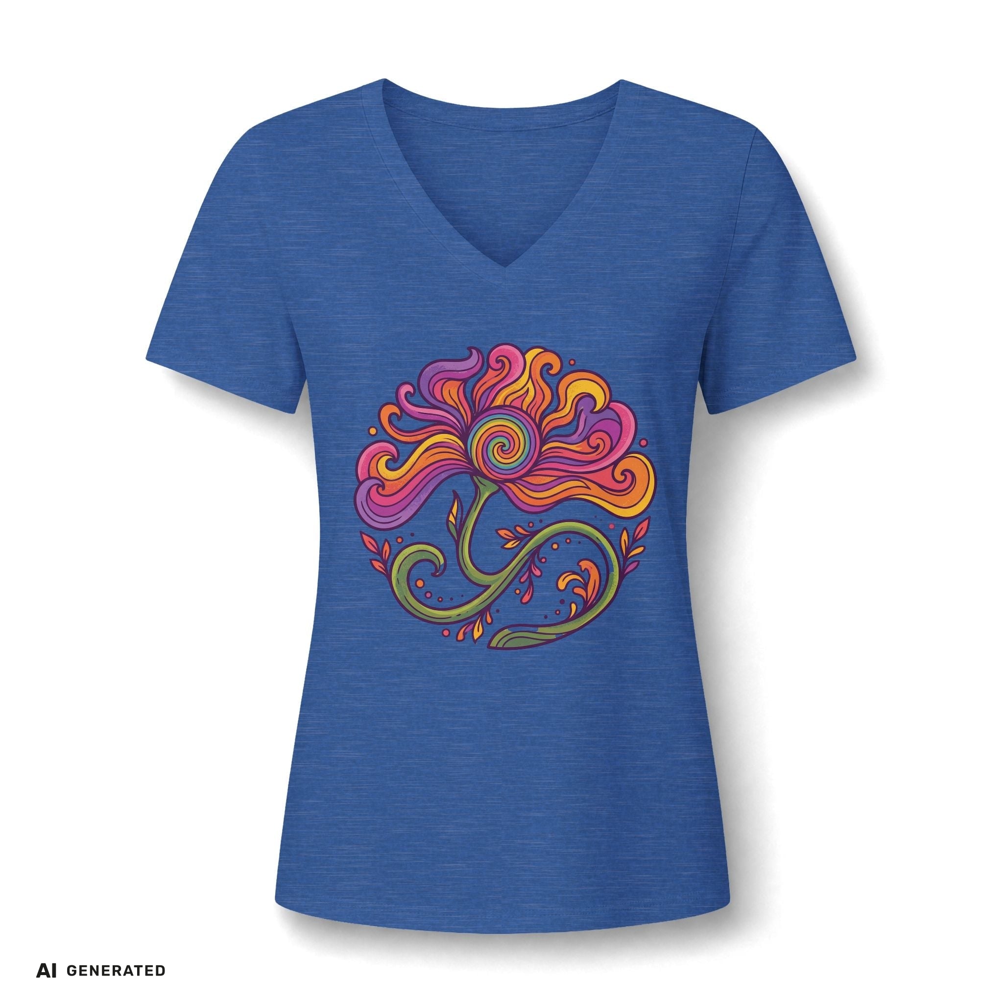 Floral Swirl V-Neck Tee – Boho Blumen Graphic Tee Damen | musikworlds Artist Collection – AI GENERATED / KI-GENERIERT