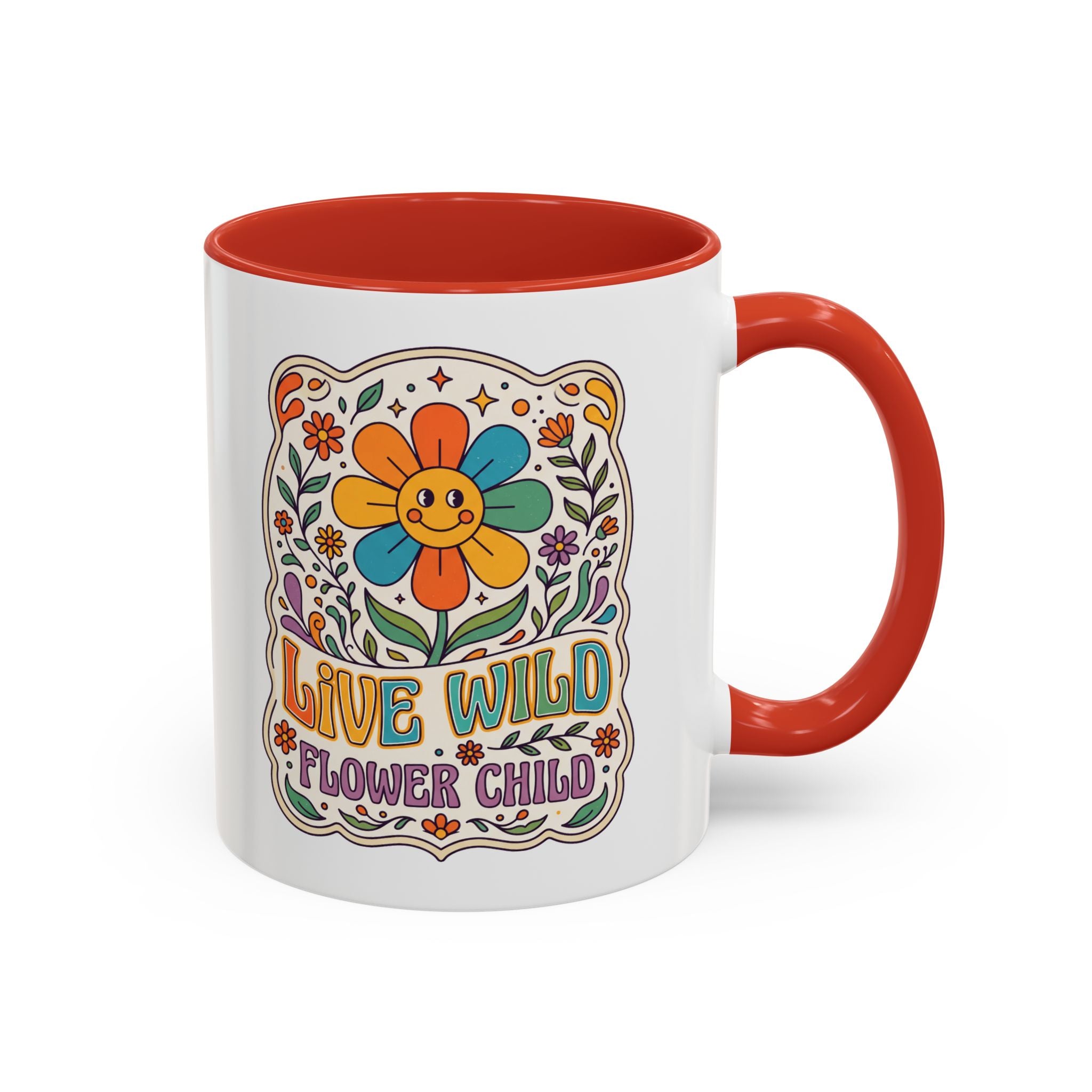 Live Wild Flower Child Kaffeetasse – Retro Floral Smiley Mug | musikworlds Artist Collection