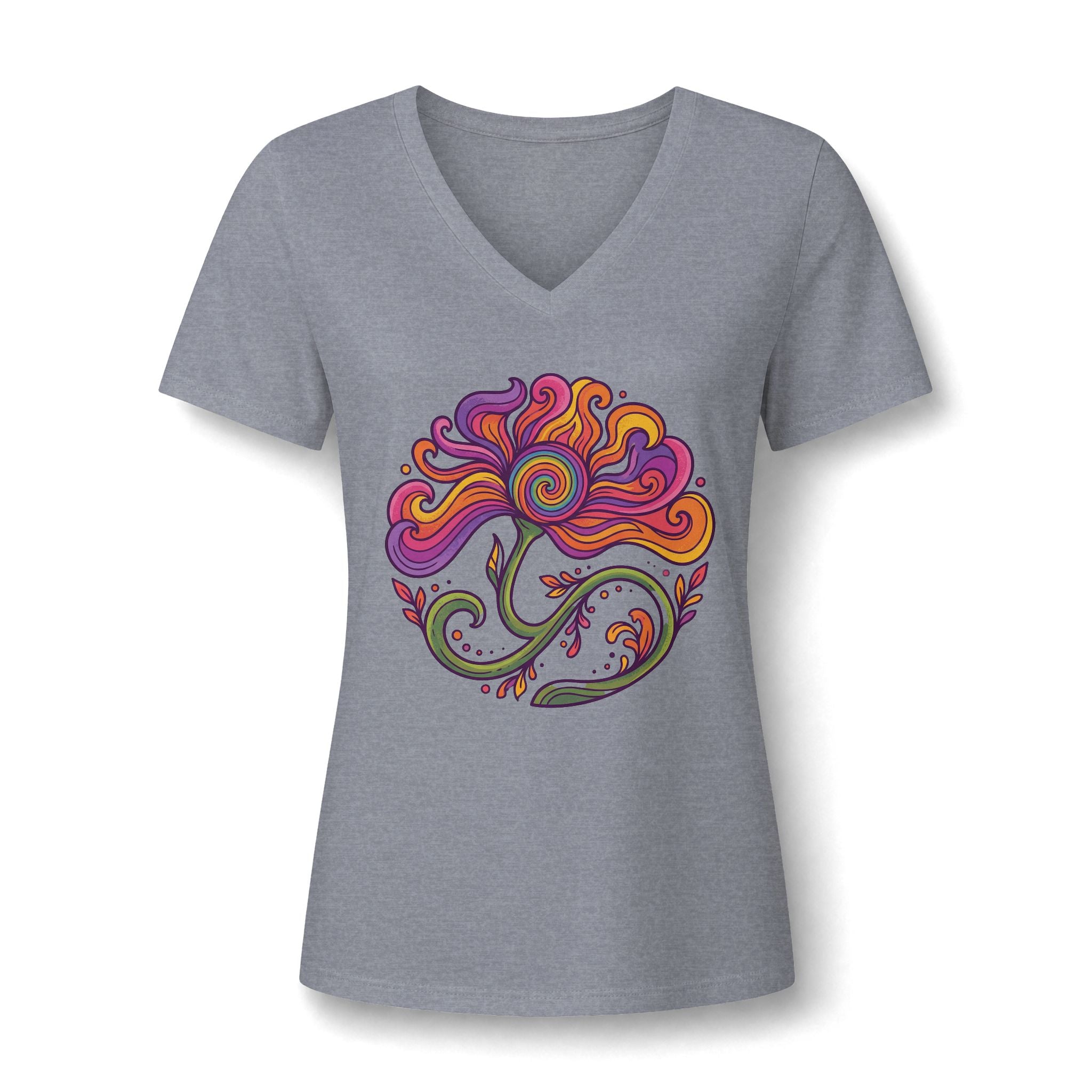 Floral Swirl V-Neck Tee – Boho Blumen Graphic Tee Damen | musikworlds Artist Collection