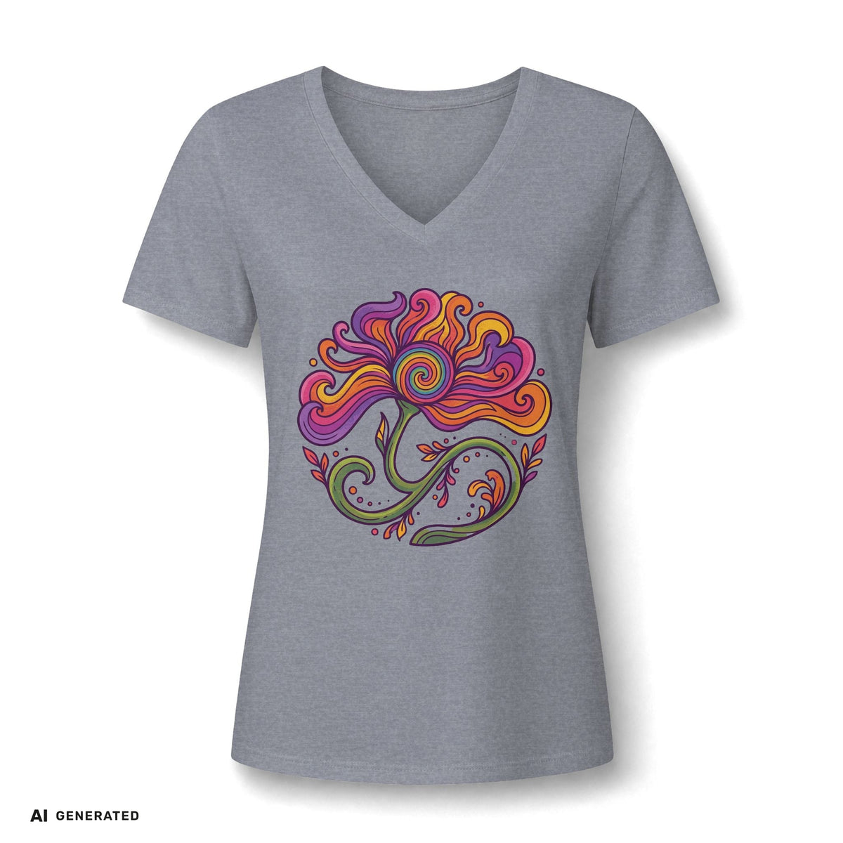 Floral Swirl V-Neck Tee – Boho Blumen Graphic Tee Damen | musikworlds Artist Collection – AI GENERATED / KI-GENERIERT