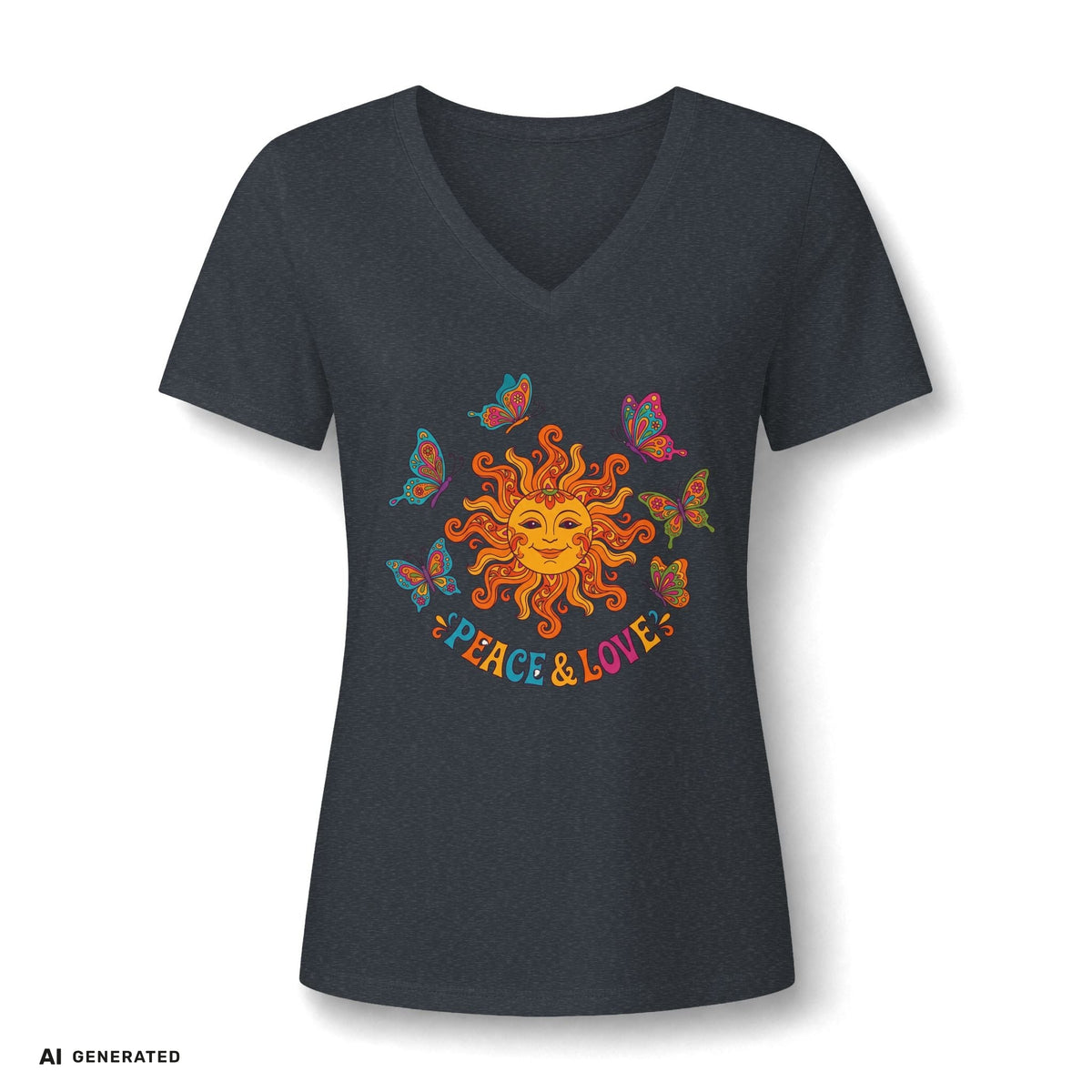 Peace & Love Sunflower Tee – Retro Boho V-Neck Damen | musikworlds Artist Collection – AI GENERATED / KI-GENERIERT