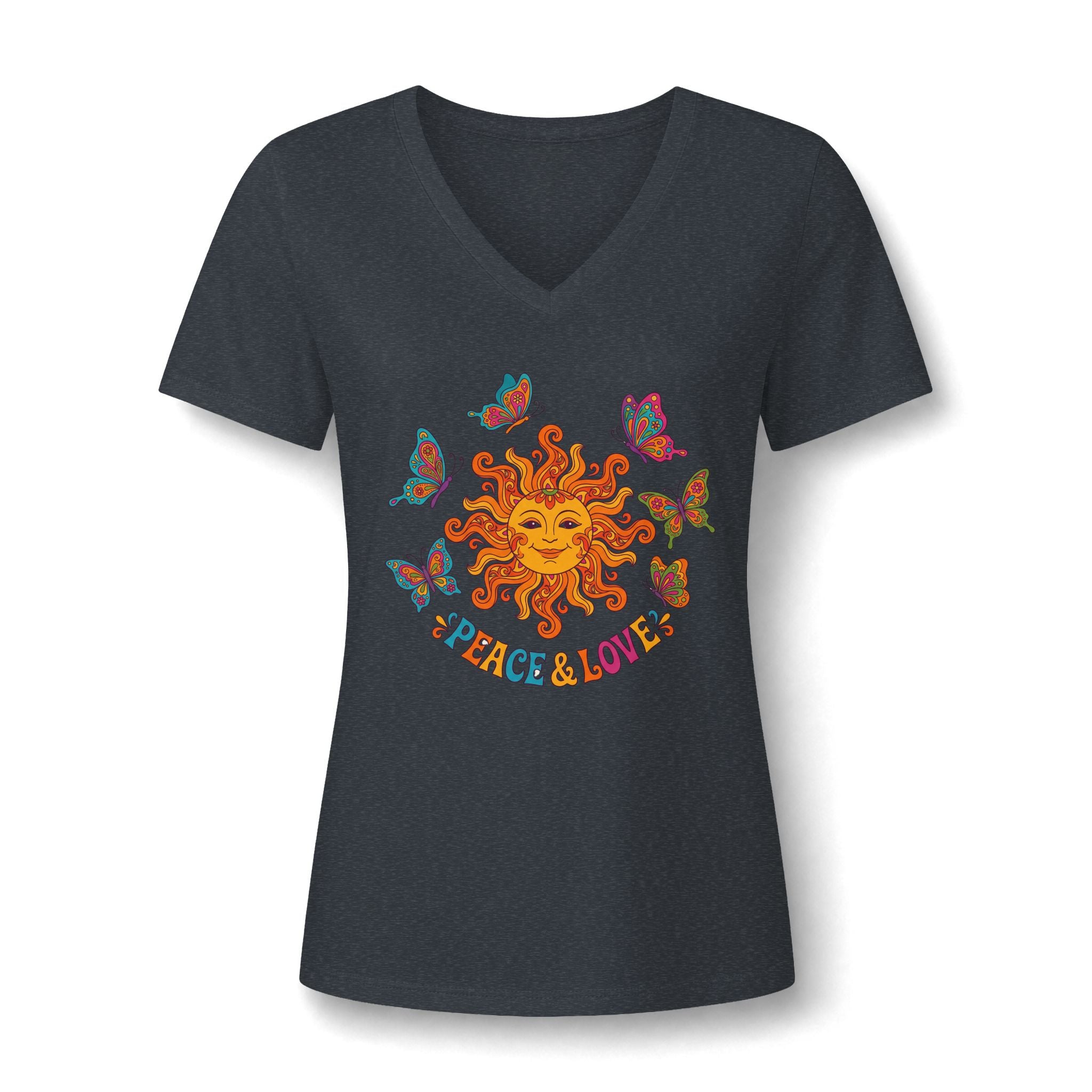 Peace & Love Sunflower Tee – Retro Boho V-Neck Damen | musikworlds Artist Collection