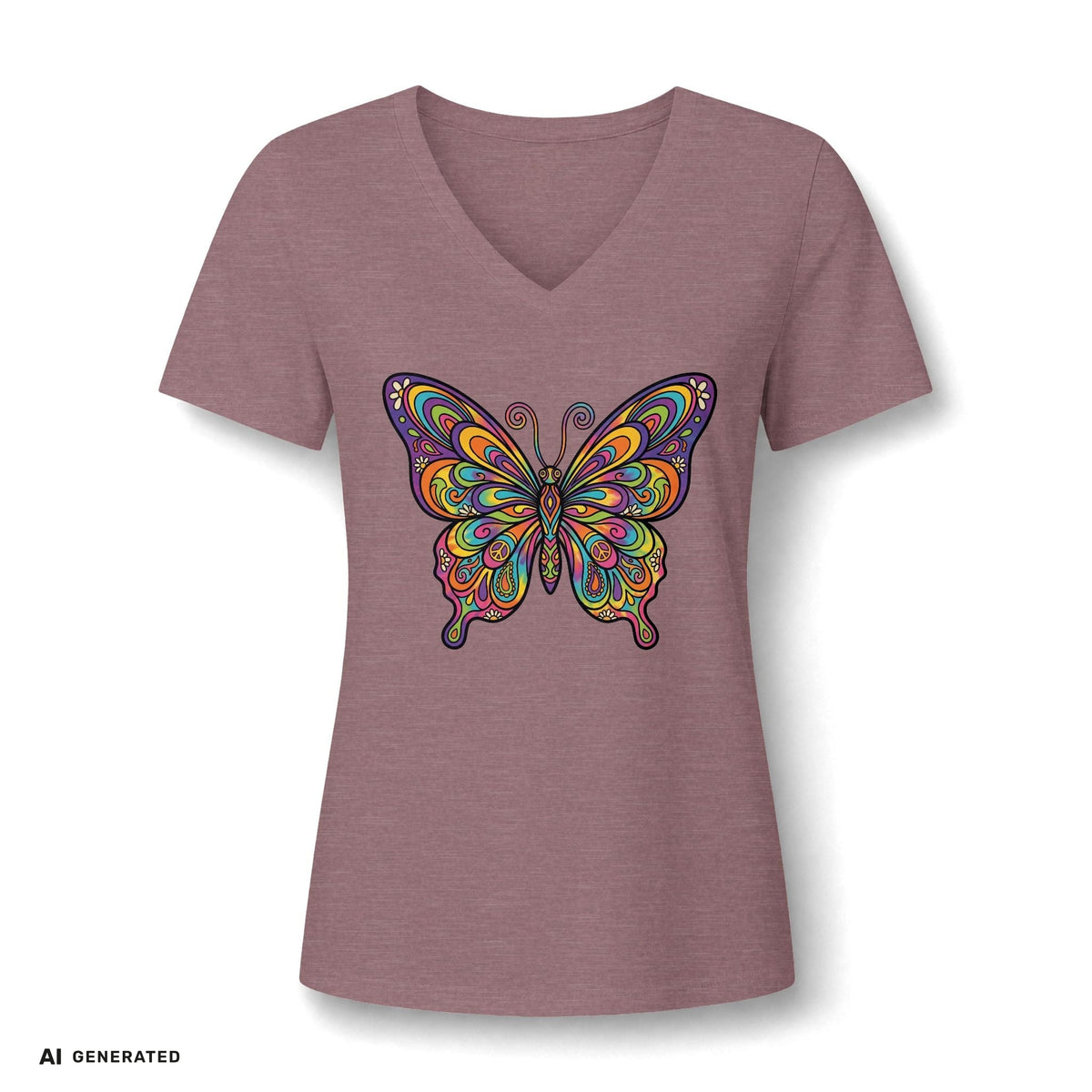 Damen V-Neck Butterfly Tee – Buntes Boho Schmetterlings-Shirt | musikworlds Artist Collection – AI GENERATED / KI-GENERIERT