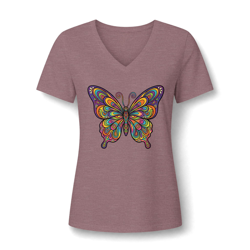 Damen V-Neck Butterfly Tee – Buntes Boho Schmetterlings-Shirt | musikworlds Artist Collection