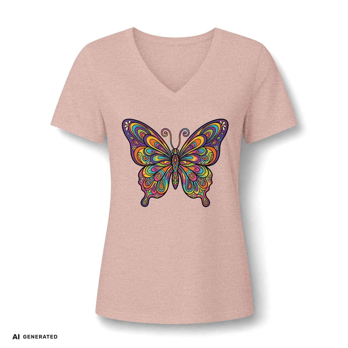 Damen V-Neck Butterfly Tee – Buntes Boho Schmetterlings-Shirt | musikworlds Artist Collection – AI GENERATED / KI-GENERIERT