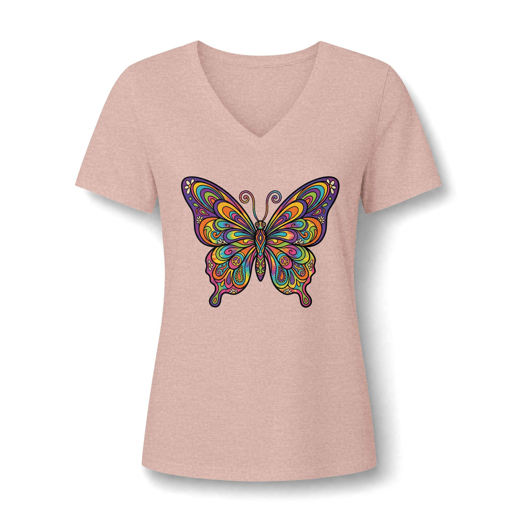 Damen V-Neck Butterfly Tee – Buntes Boho Schmetterlings-Shirt | musikworlds Artist Collection