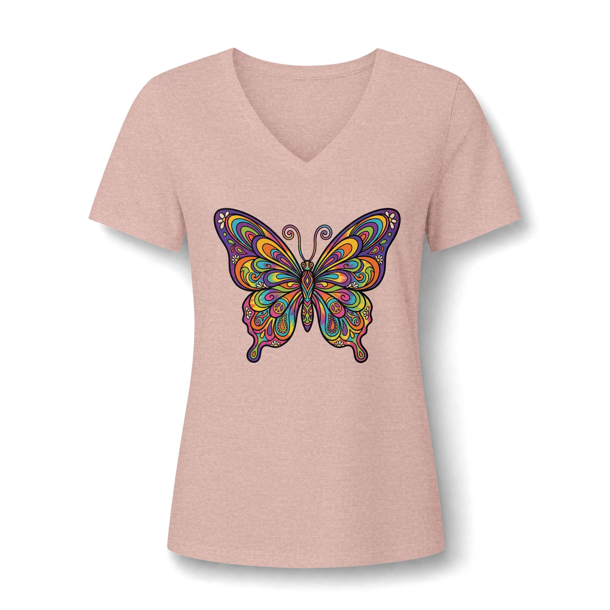 Damen V-Neck Butterfly Tee – Buntes Boho Schmetterlings-Shirt | musikworlds Artist Collection
